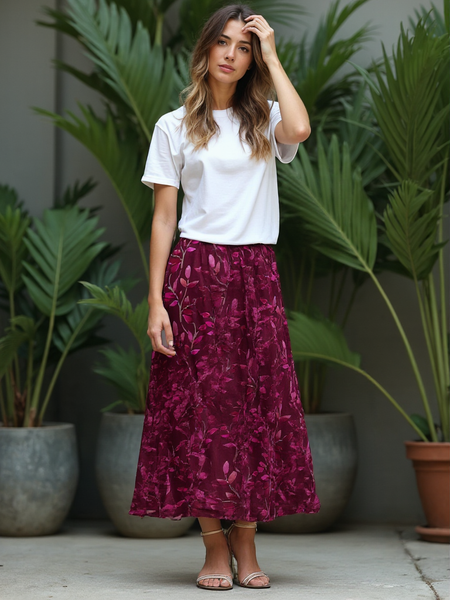 Watercolour Vines A-Line Skirt - Berry