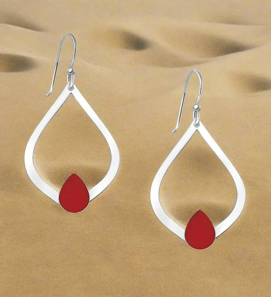 925 Sterling Silver Oval Earrings with Red Teardrop Stone