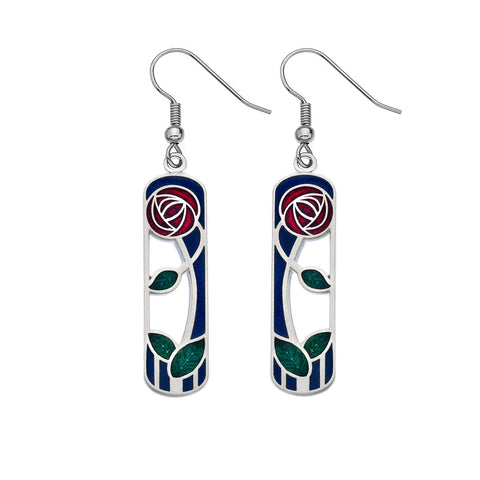 Rennie Mackintosh Rose and Leaf Coil Earrings - Red/Turquoise/Blue