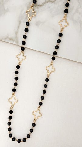 Envy - Long Gold Necklace with Black Beads & Open Fleurs
