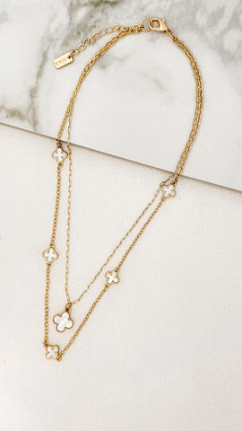 Envy - Short Double Strand Gold Necklace with White Fleurs
