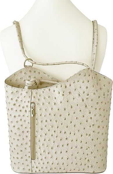 Ostrich Effect Leather Handbag Backpack - Cream White
