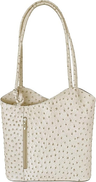 Ostrich Effect Leather Handbag Backpack - Cream White