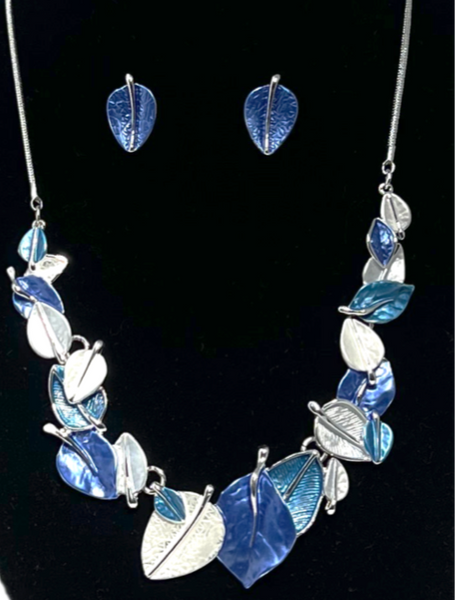 Leaf Necklace & Matching Earrings - Blue