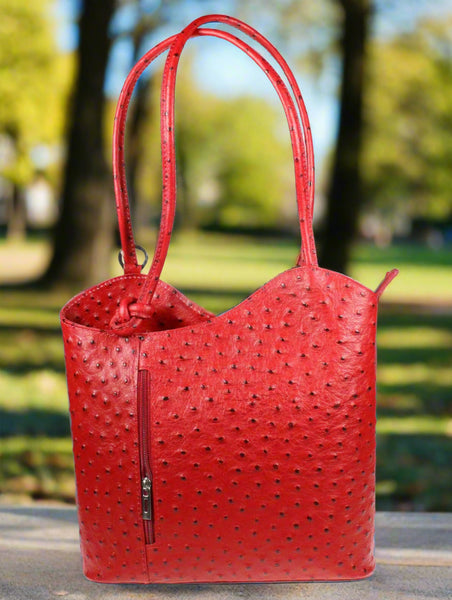 Ostrich Effect Leather Backpack Handbag - Red