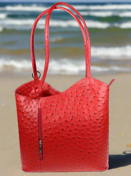 Ostrich Effect Leather Backpack Handbag - Red