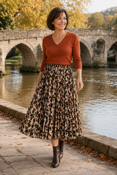 Pleated Autumn Leaves Midi Skirt - Brown