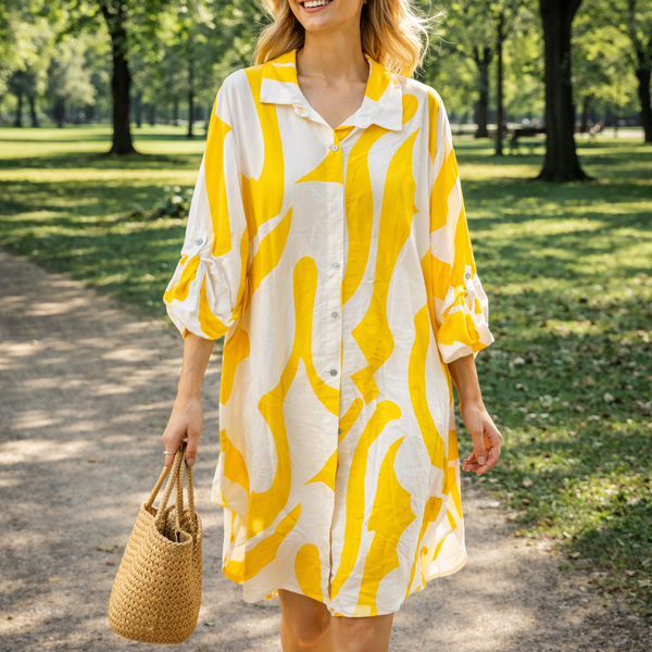 Abstract Print Shirt Dress - Yellow