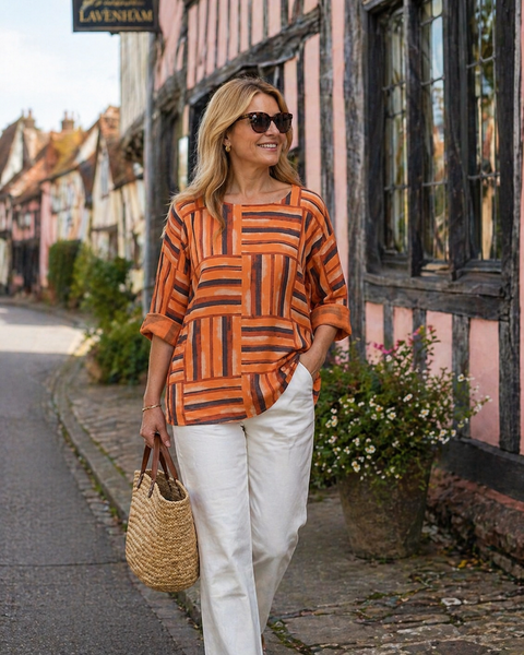 Geometric Squares Top - Burnt Orange