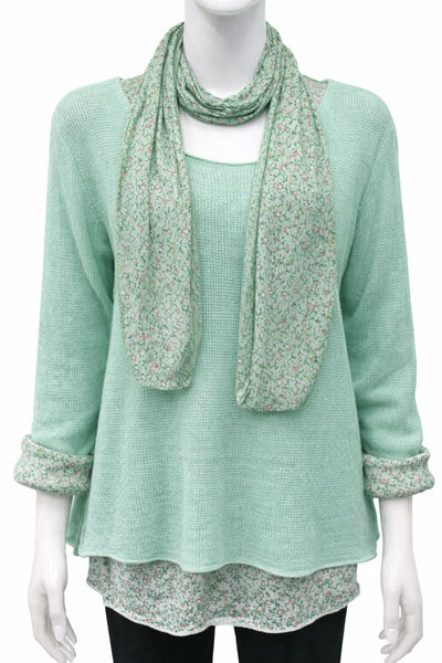 Knitted Layer Top with Scarf -  Mint