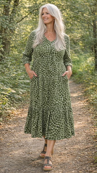 Mosaic Print Tiered Dress - Green