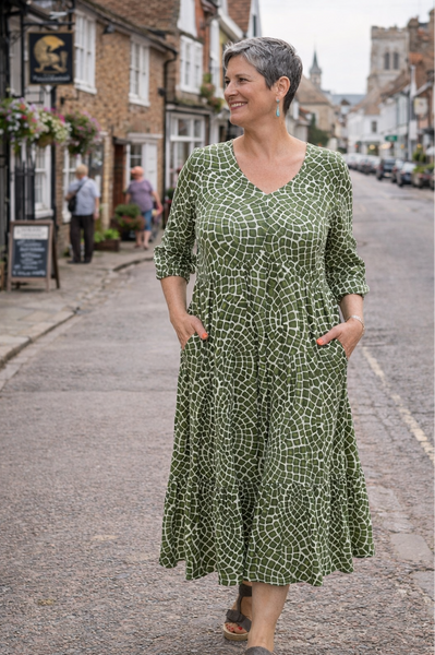 Mosaic Print Tiered Dress - Green