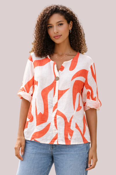 Abstract Print One Button Top - Coral