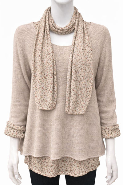 Knitted Layer Top with Scarf -  Beige
