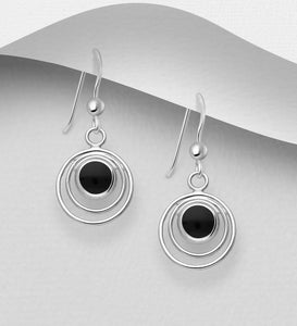 925 Sterling Silver Drop Round Earrings with Black Stone