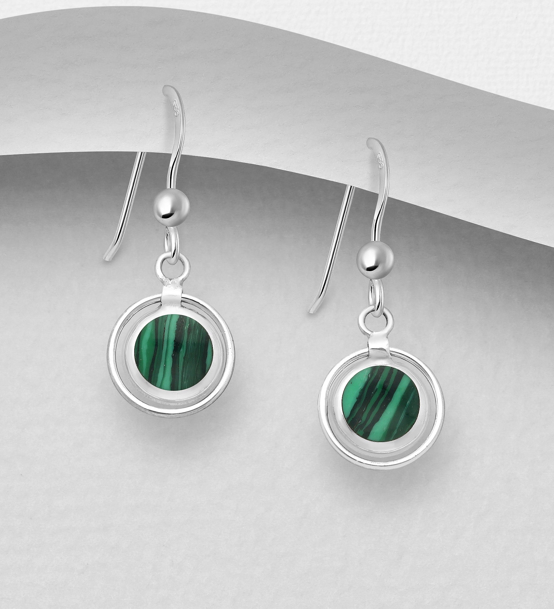 925 Sterling Silver Hook Round Earrings, Decorated with Green Stone