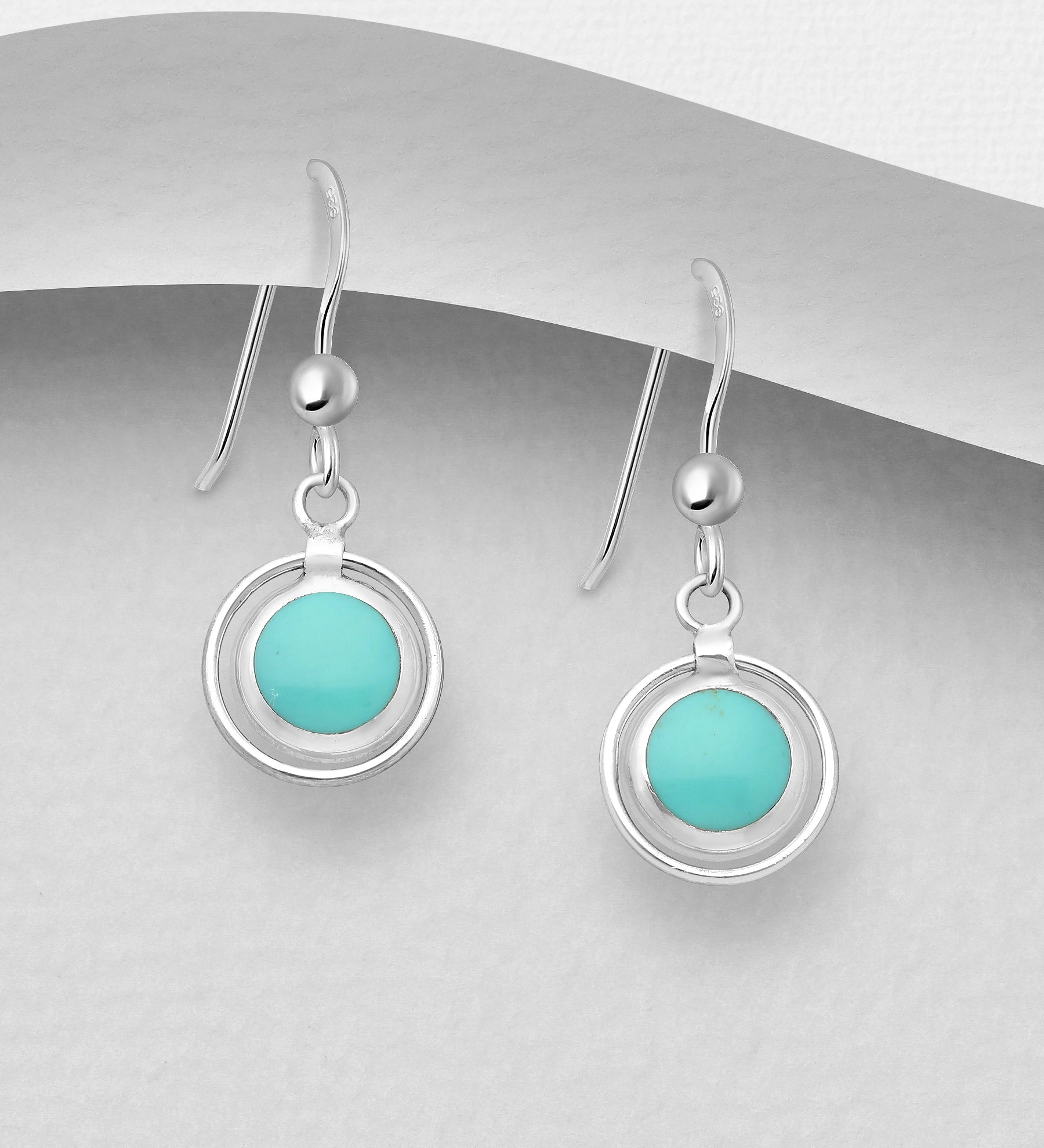 925 Sterling Silver Round Hook Earrings, Decorated with  Turquoise Stone