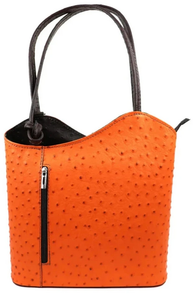 Ostrich Effect Leather Handbag Backpack - Orange/Brown Strap