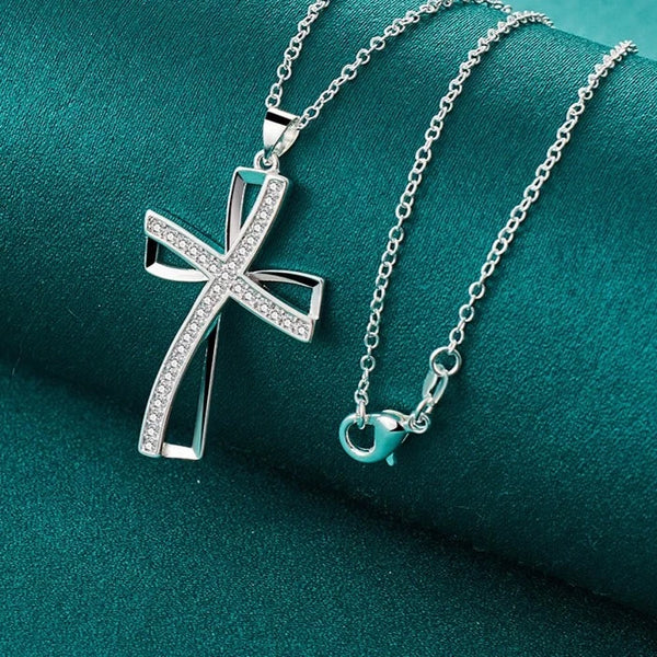 925 Sterling Silver Cross Zircon Pendant Necklace