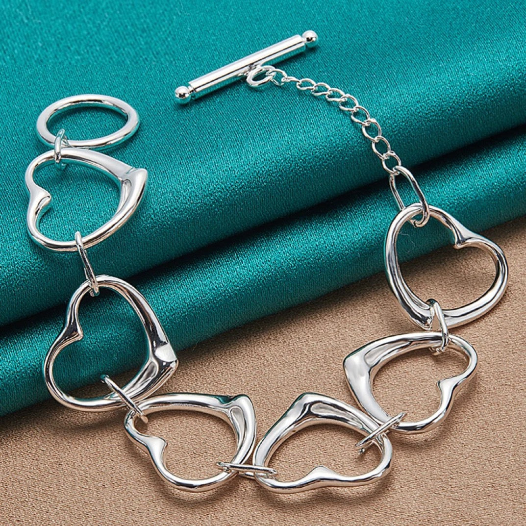925 Sterling Silver Six Heart Chain Bracelet