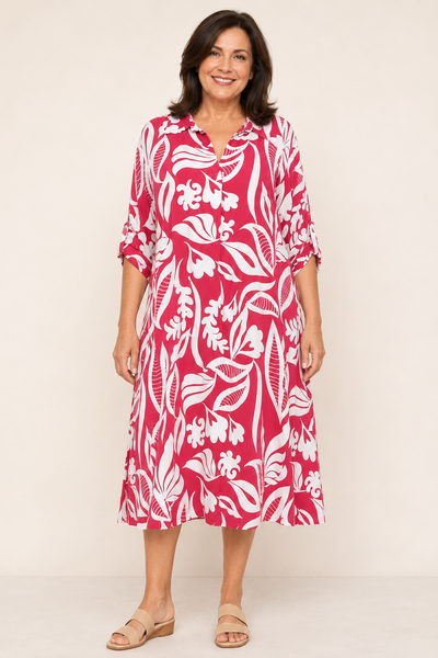 Abstract Print Dress with Collar - Red