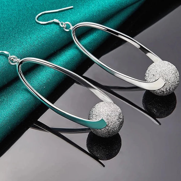 925 Sterling Silver Frosted Bead Round Ball Drop Earrings