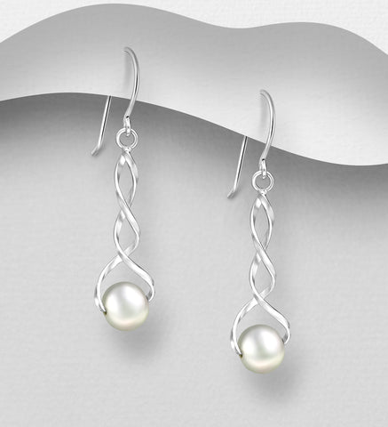 925 Silver Freshwater Pearl Earrings - Silver twist White