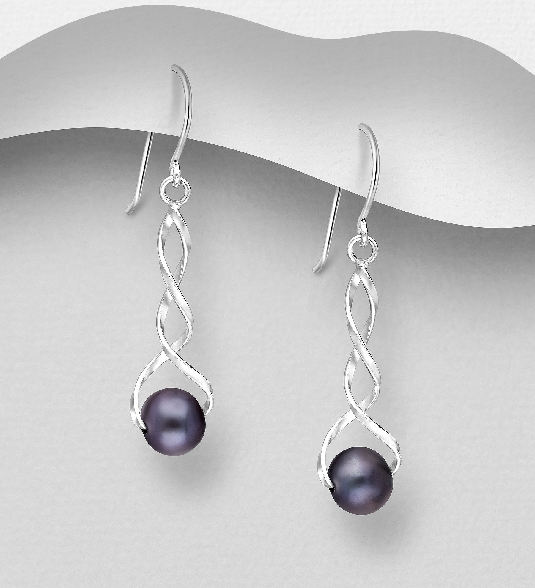 925 Sterling Silver Twisted Earrings with Black Freshwater Pearls