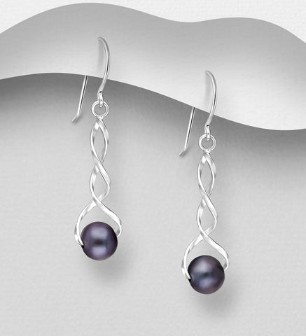 925 Silver Freshwater Pearl Earrings - Silver twist Dyed Black