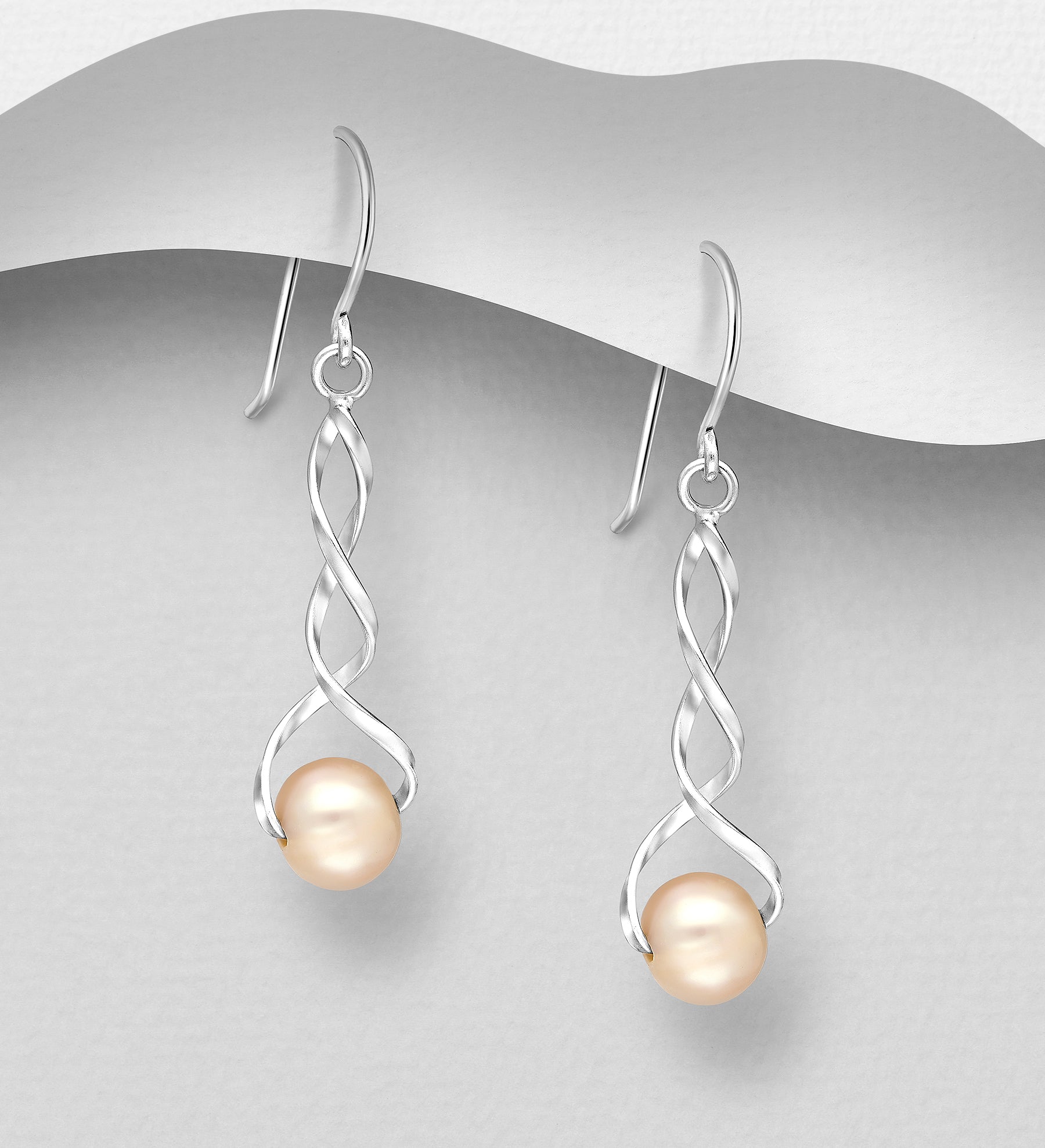 925 Silver Freshwater Pearl Earrings - Silver twist Peach