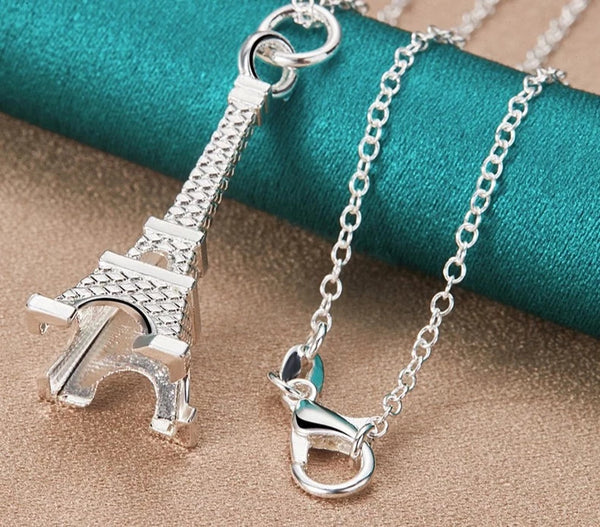 925 Sterling Silver Eiffel Tower Paris Pendant Necklace
