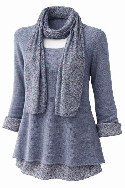 Knitted Layer Top with Scarf - Denim