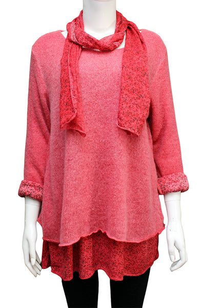 Knitted Layer Top with Scarf - Red