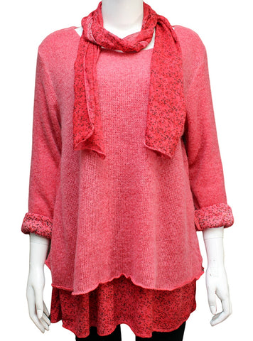 Knitted Layer Top with Scarf - Red