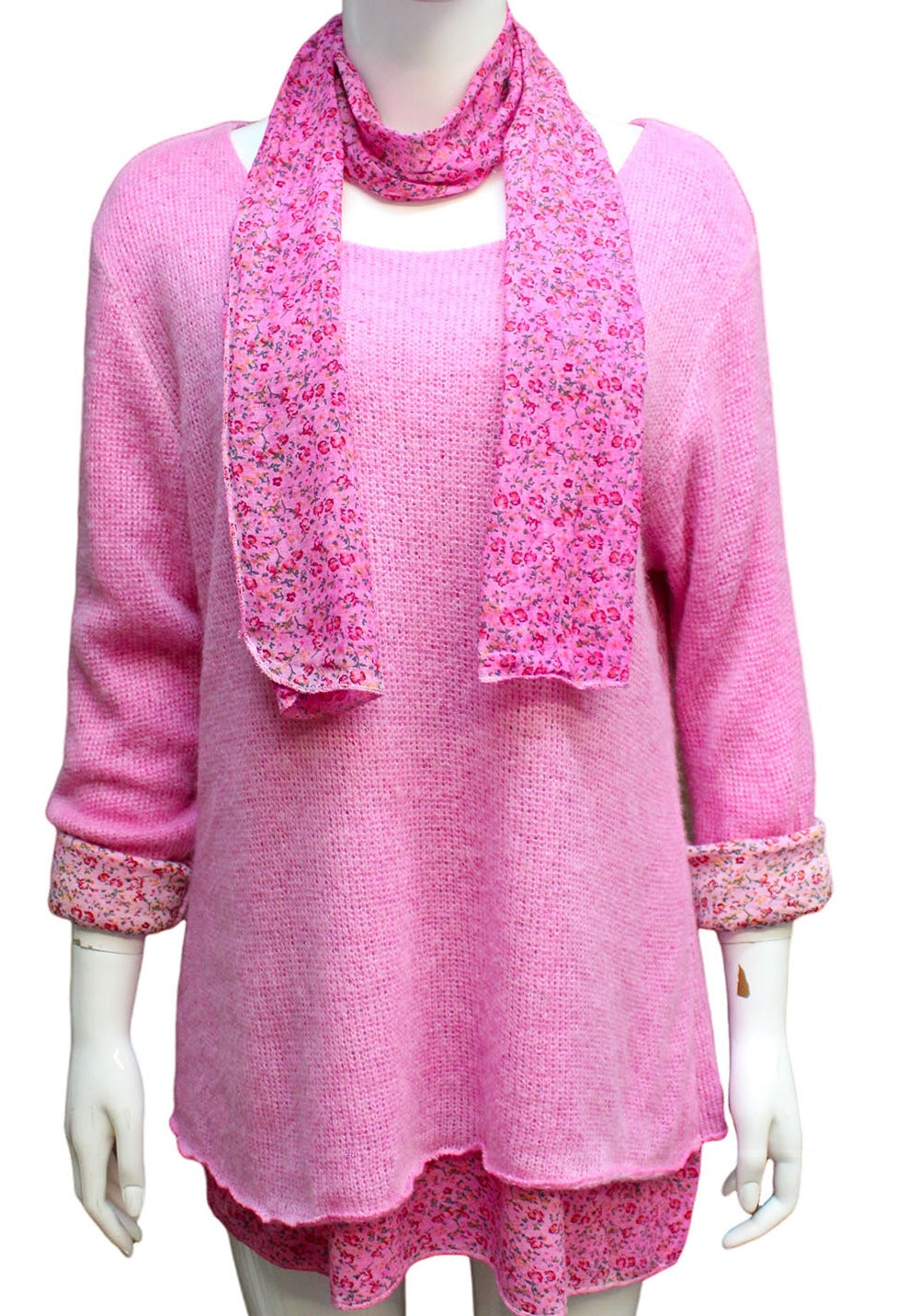 Knitted Layer Top with Scarf - Pink