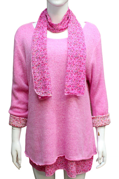 Knitted Layer Top with Scarf - Pink