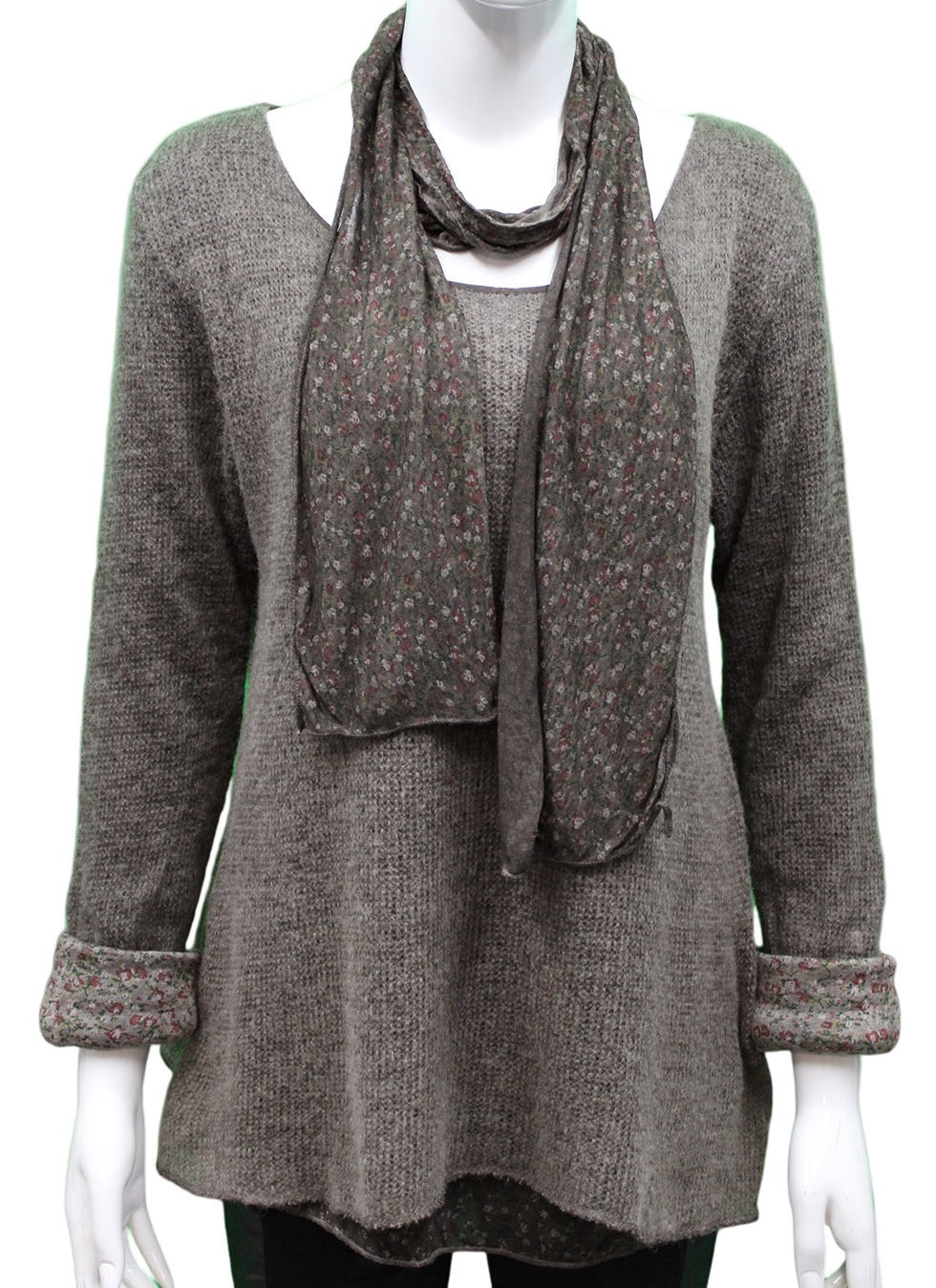 Knitted Layer Top with Scarf - Chocolate