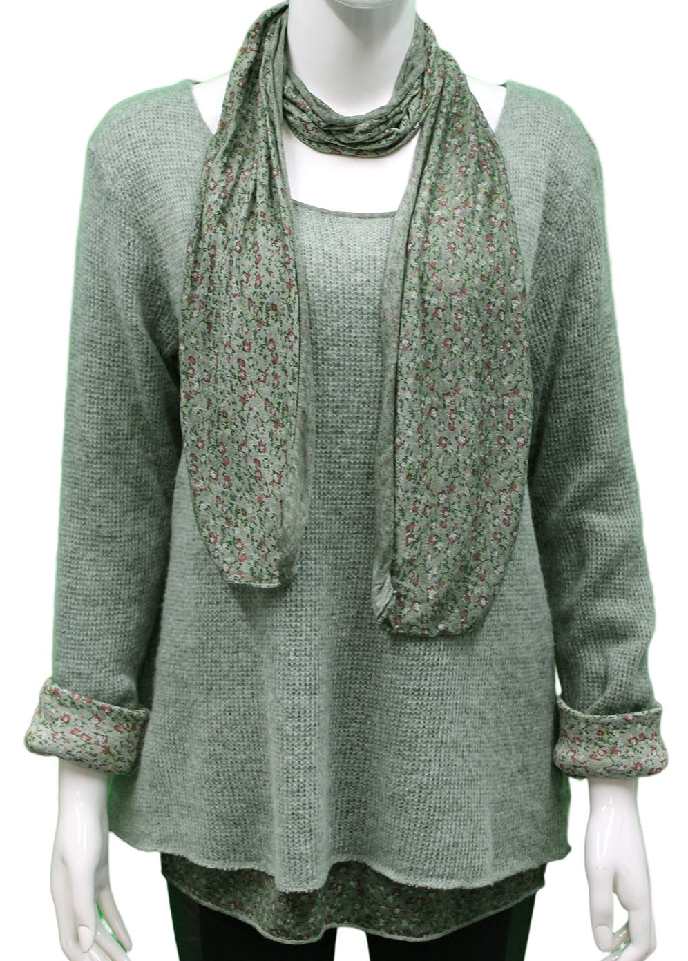 Knitted Layer Top with Scarf - Khaki