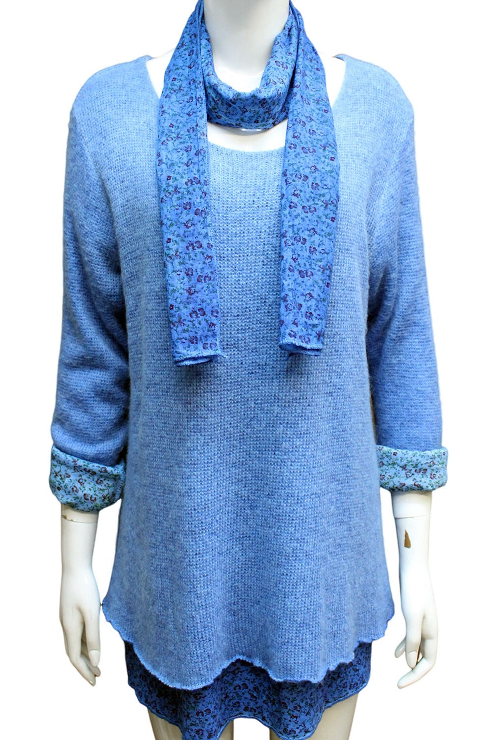 Knitted Layer Top with Scarf - Blue