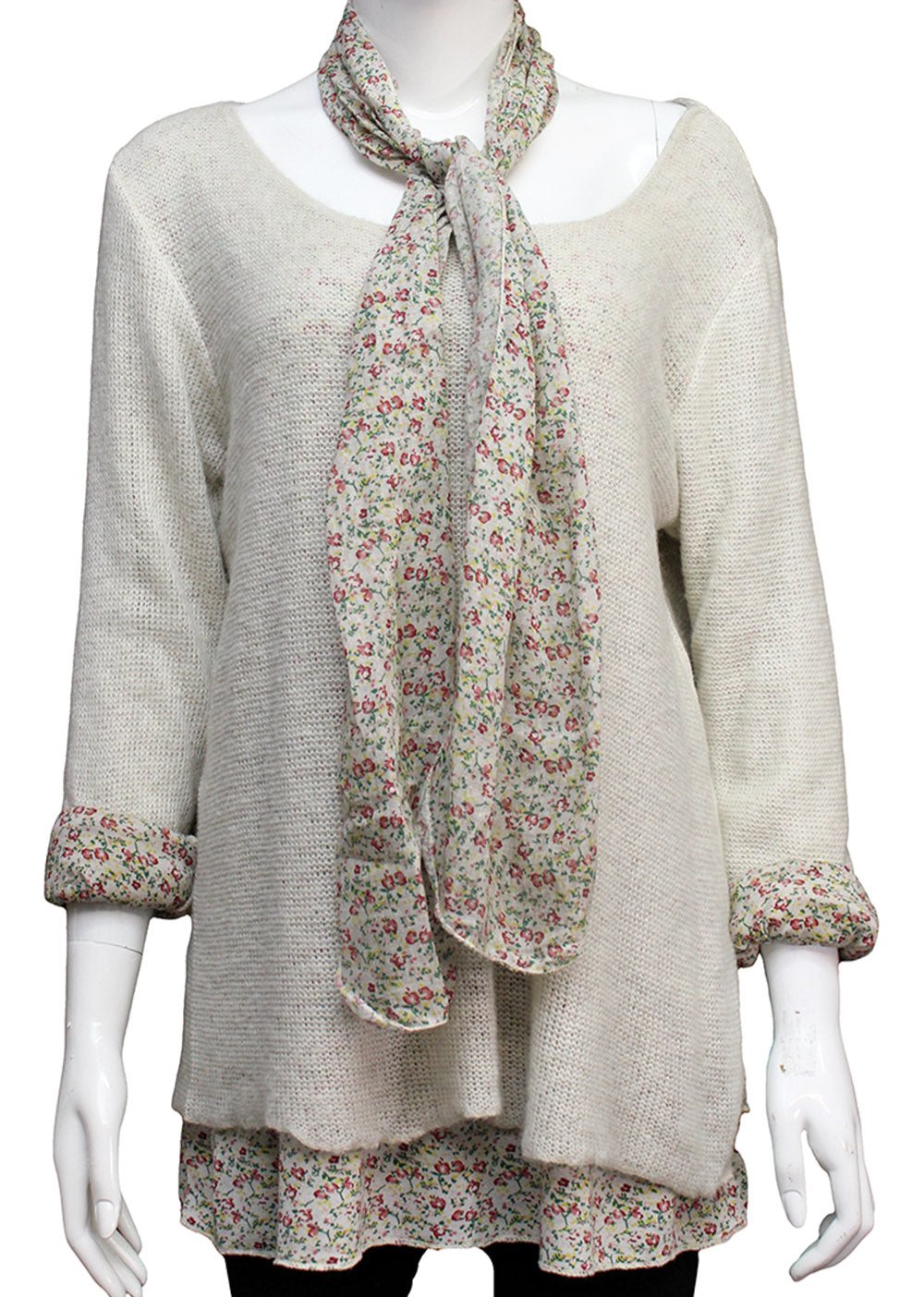 Knitted Layer Top with Scarf - Beige