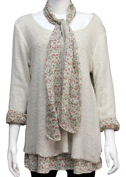 Knitted Layer Top with Scarf - Beige