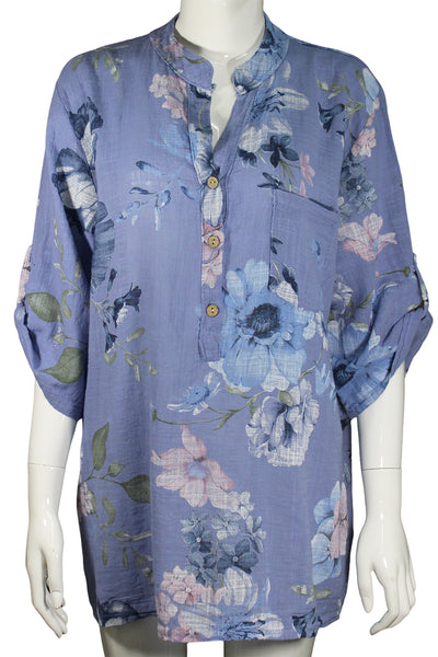 Floral Print Grandad Collar Top - Denim Blue