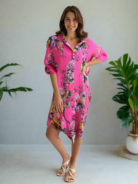 Floral Shirt Dress - Pink
