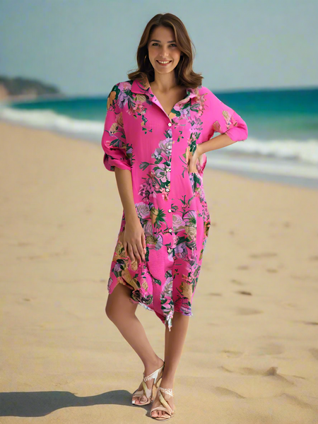 Floral Shirt Dress - Pink