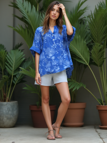 Dandelion Print Tunic Top - Blue