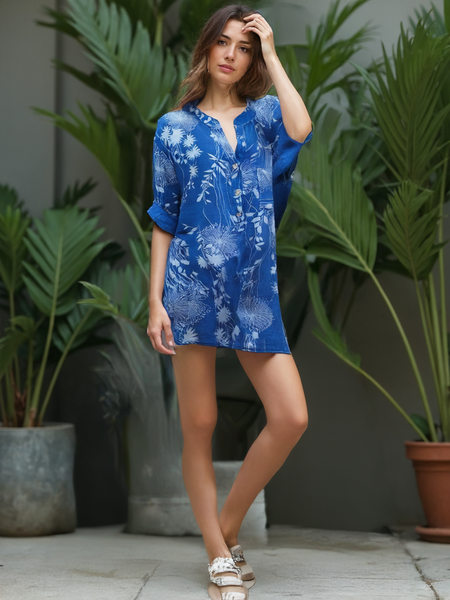Dandelion Print Tunic Top - Blue