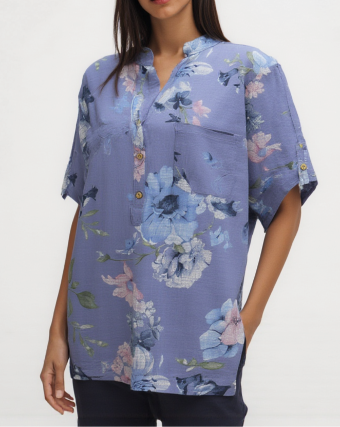 Floral Print Grandad Collar Top - Denim Blue