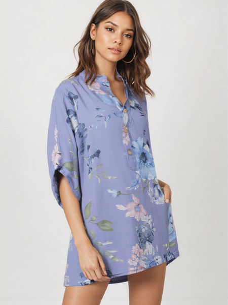 Floral Print Grandad Collar Top - Denim Blue