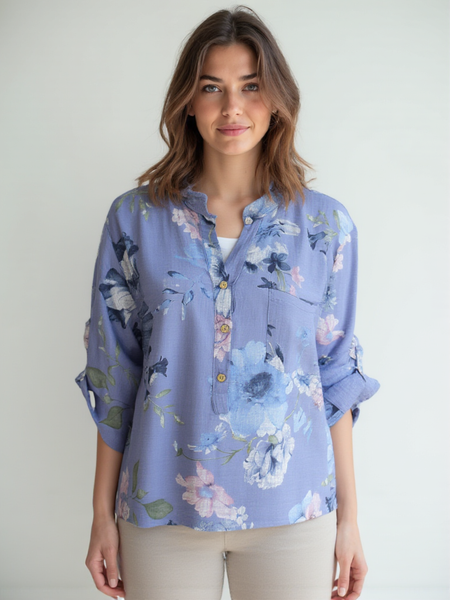 Floral Print Grandad Collar Top - Denim Blue