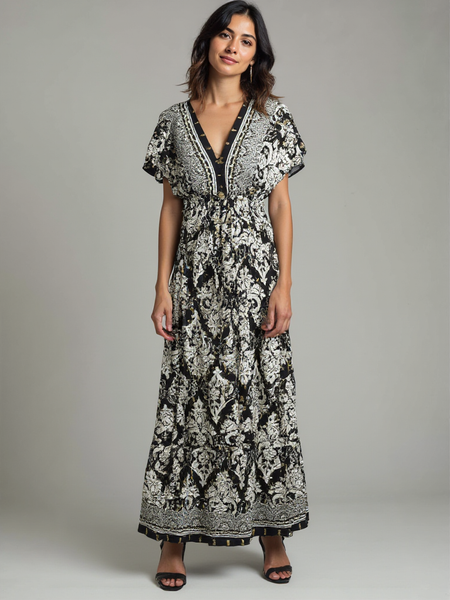 Aztec Paisley Border Maxi Dress - Black